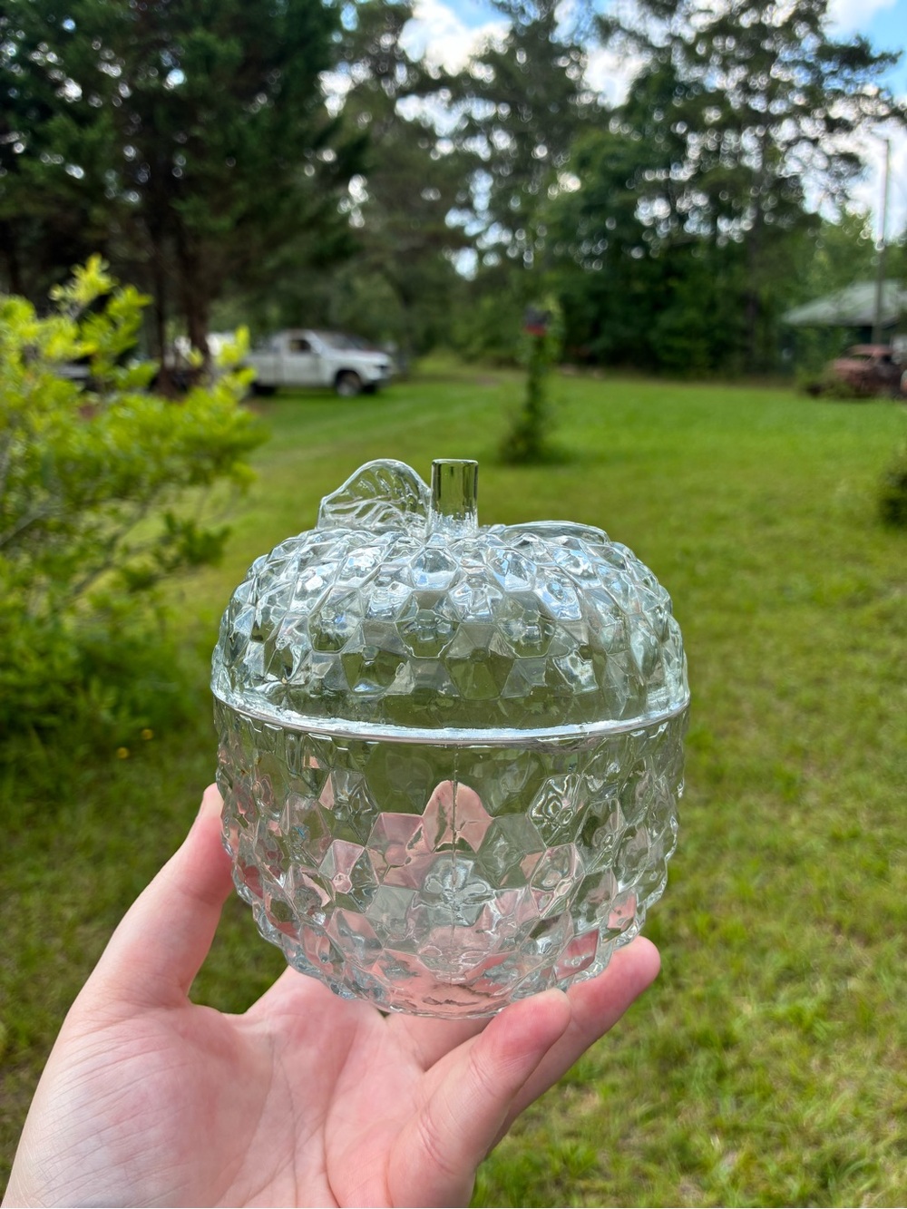 Vintage Faceted Glass Apple Candy Dish With Lid